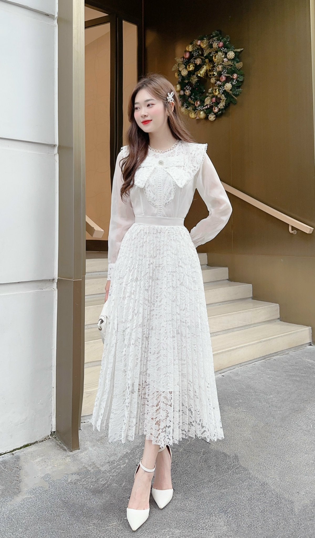 Pre-order (ship in 10days) Dress V177 váy ren xếp ly