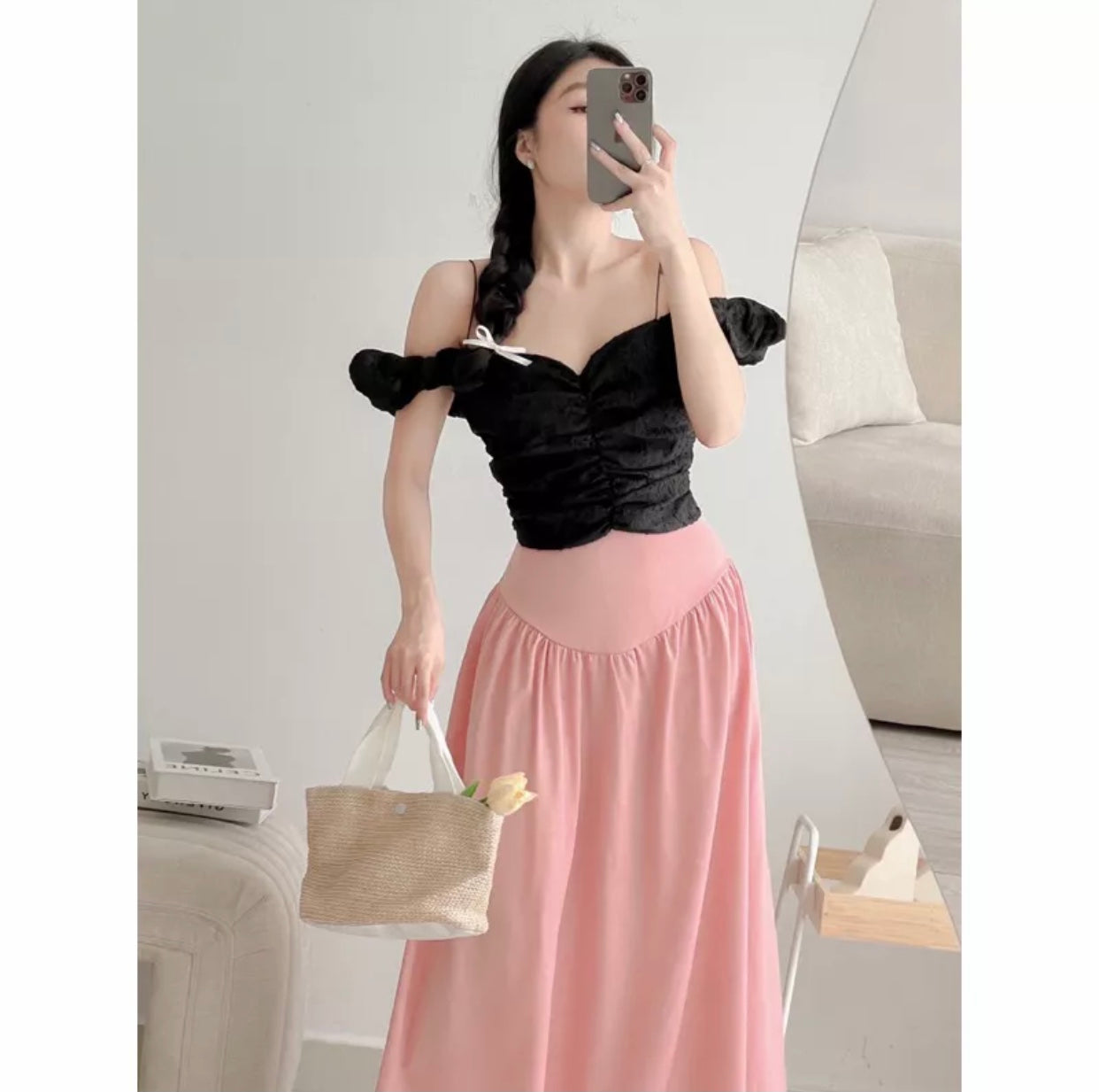 VX06 VX07 4354 - Set áo trễ vai croptop + chân váy