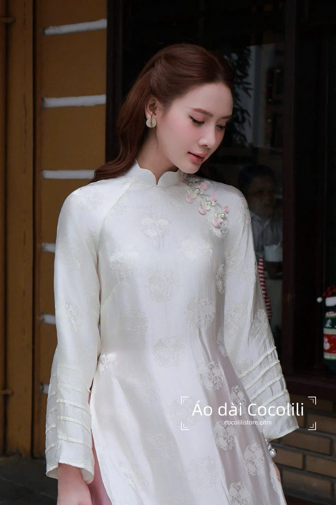 HD35 Áo trắng + quần hồng nha xá - Áo dài dáng suông 2 tà lụa tơ tằm nha xá