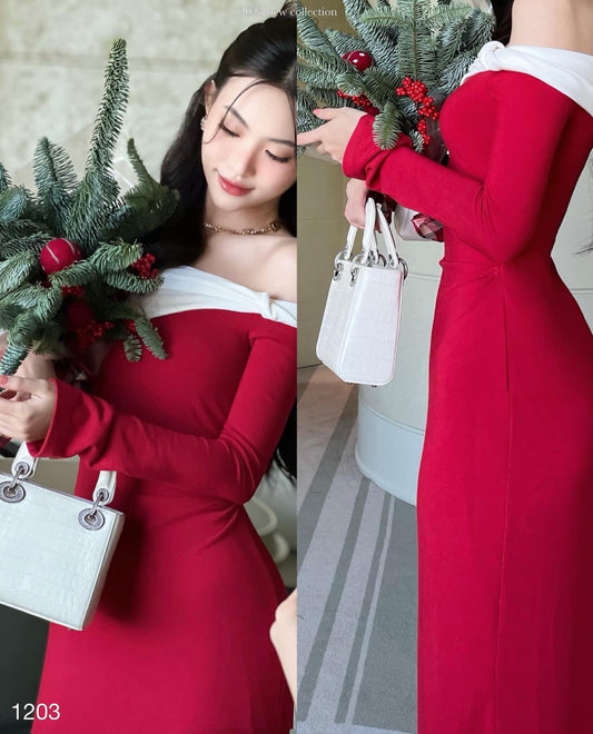 TB12 - Váy đỏ phối cổ ngang vai trắng.