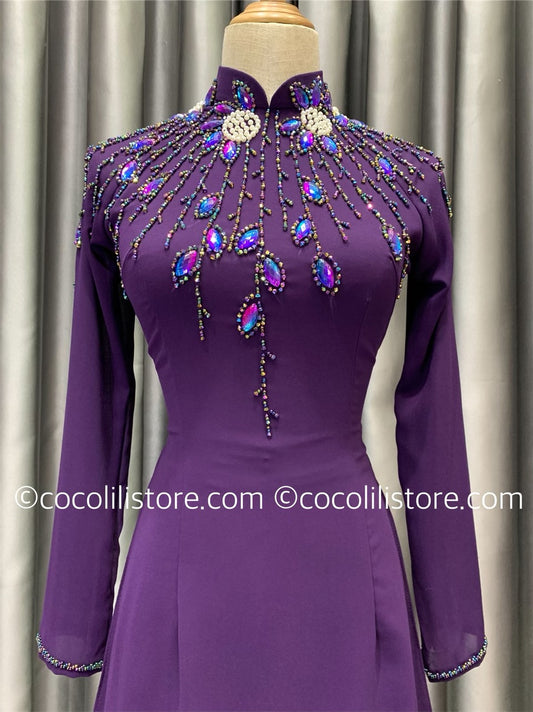 S72 3944 only áo - Áo dài thiết kế chiffon 4 tà đính kết màu tím nho