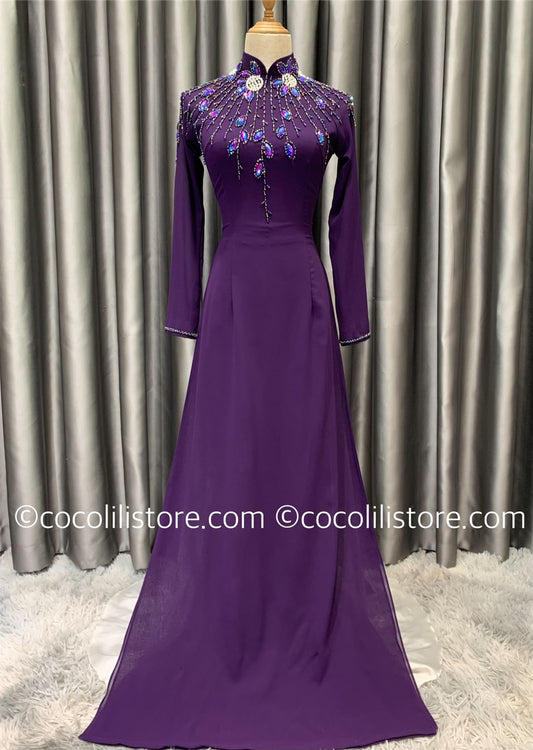 S72 3944 only áo - Áo dài thiết kế chiffon 4 tà đính kết màu tím nho