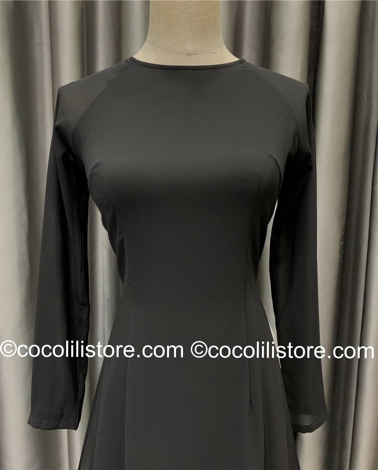 C50 4585 Áo + quần - Áo dài chiffon đen trơn cổ kiềng