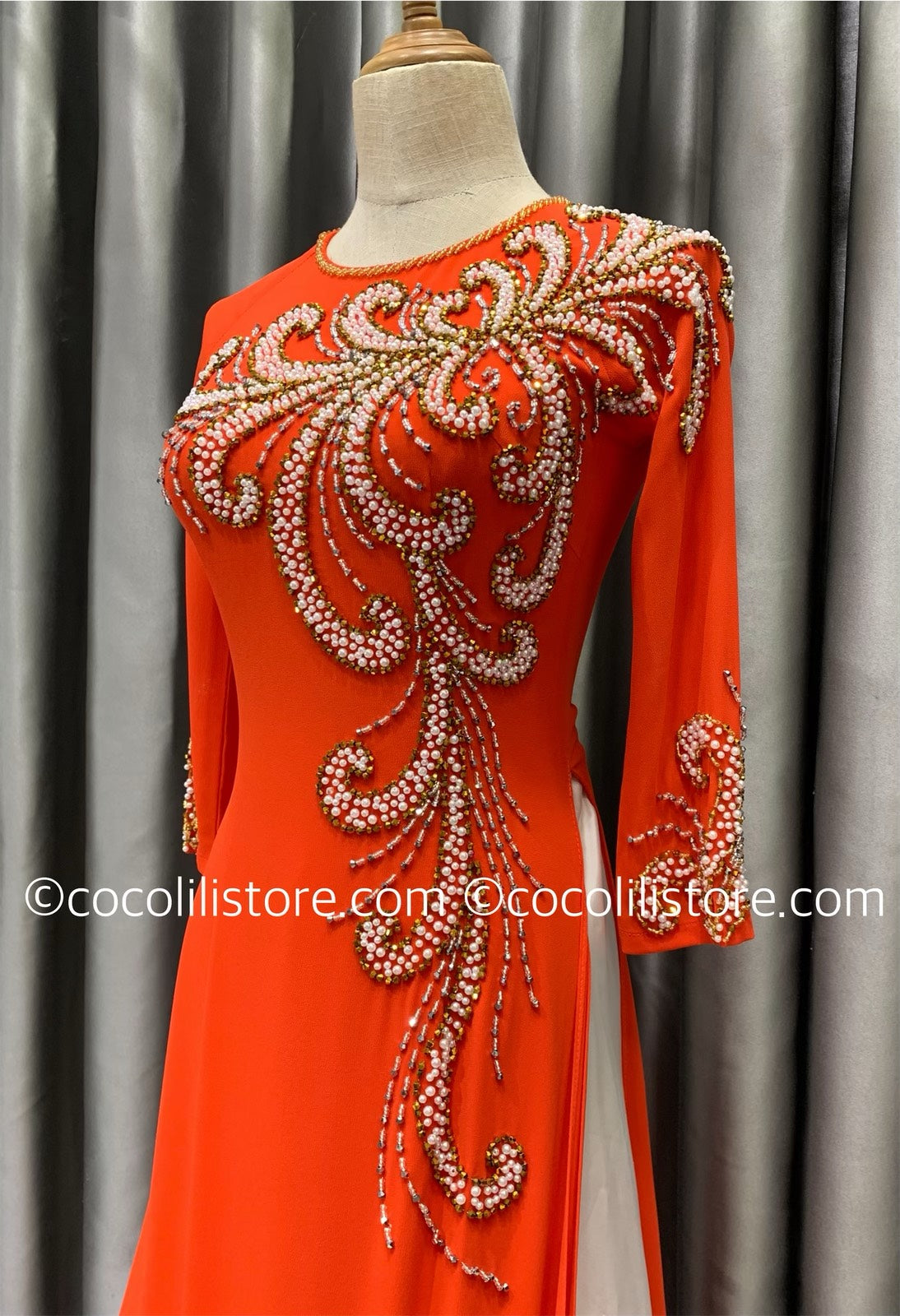 S103 4214 Only áo - Áo dài thiết kế chiffon 4 tà cam đỏ đính kết