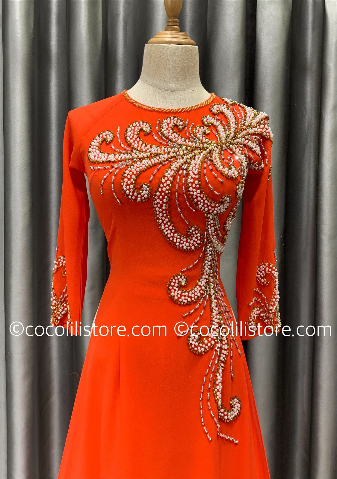 S103 4214 Only áo - Áo dài thiết kế chiffon 4 tà cam đỏ đính kết