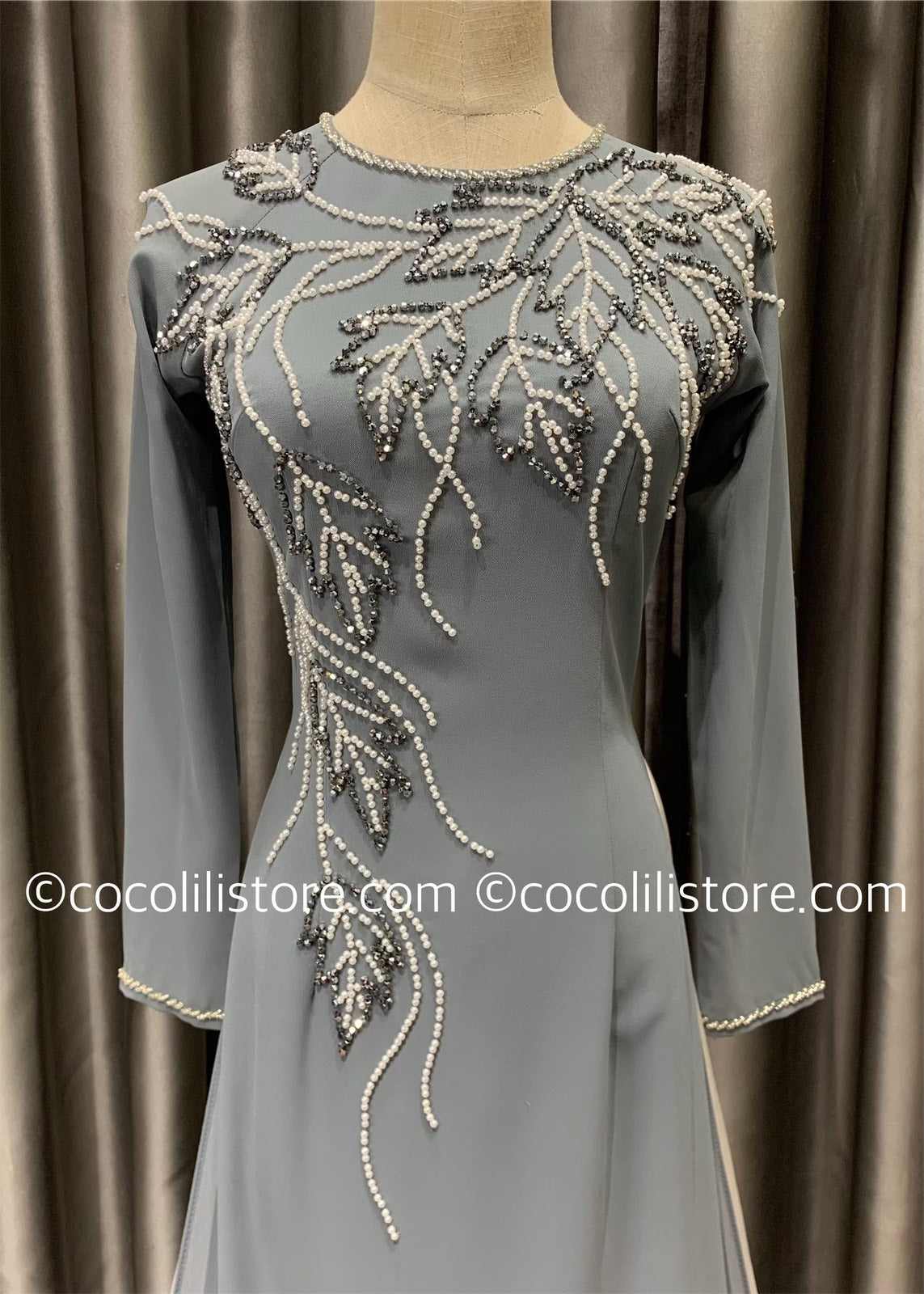 S89 4216 only áo - Áo dài chiffon 4 tà thiết kế đính kết màu xám