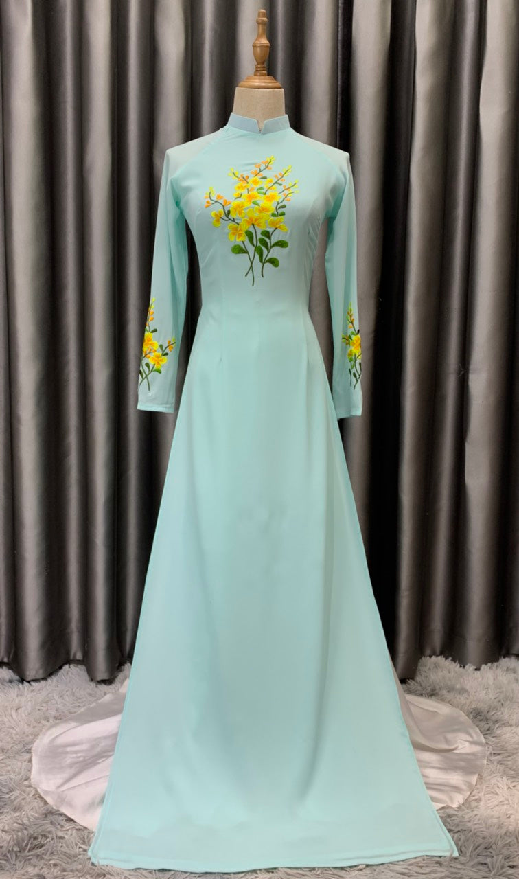 C63 Áo + quần chiffon - Áo dài chiffon 4 tà màu xanh ngọc thêu hoa