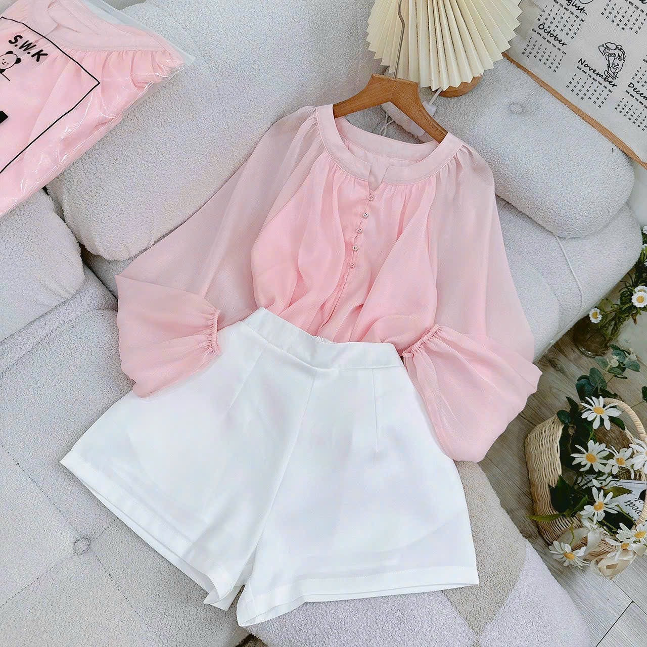 Set01 - Set áo baby doll hồng + quần đùi trắng