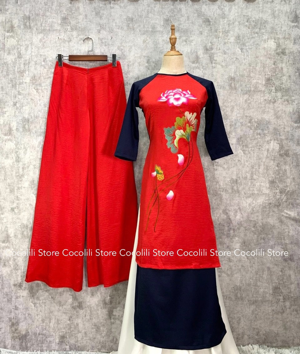4448 PP43 áo + quần - Áo dài lụa tây thi đỏ phối tay đen thêu sen
