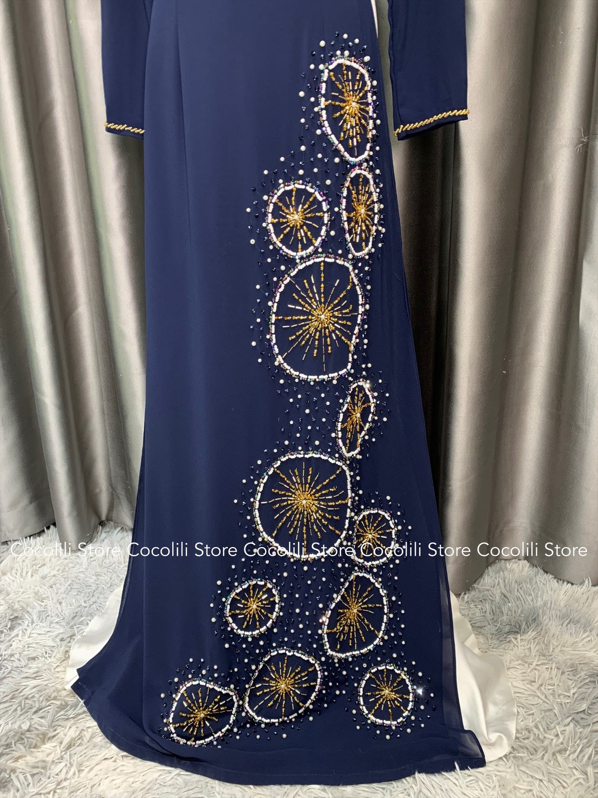 S120 3397 only áo - Áo dài thiết kế chiffon 4 tà xanh than đính kết