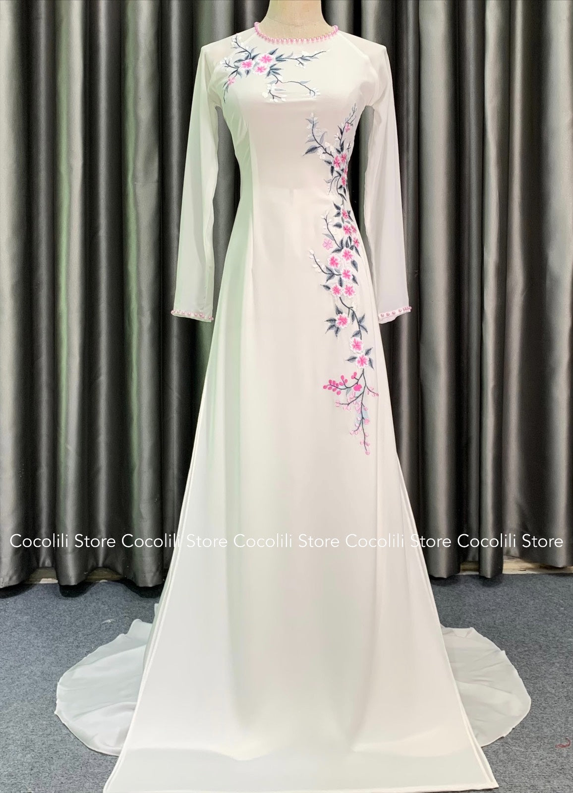 C75 4571 only áo - Áo dài chiffon 4 tà trắng thêu hoa
