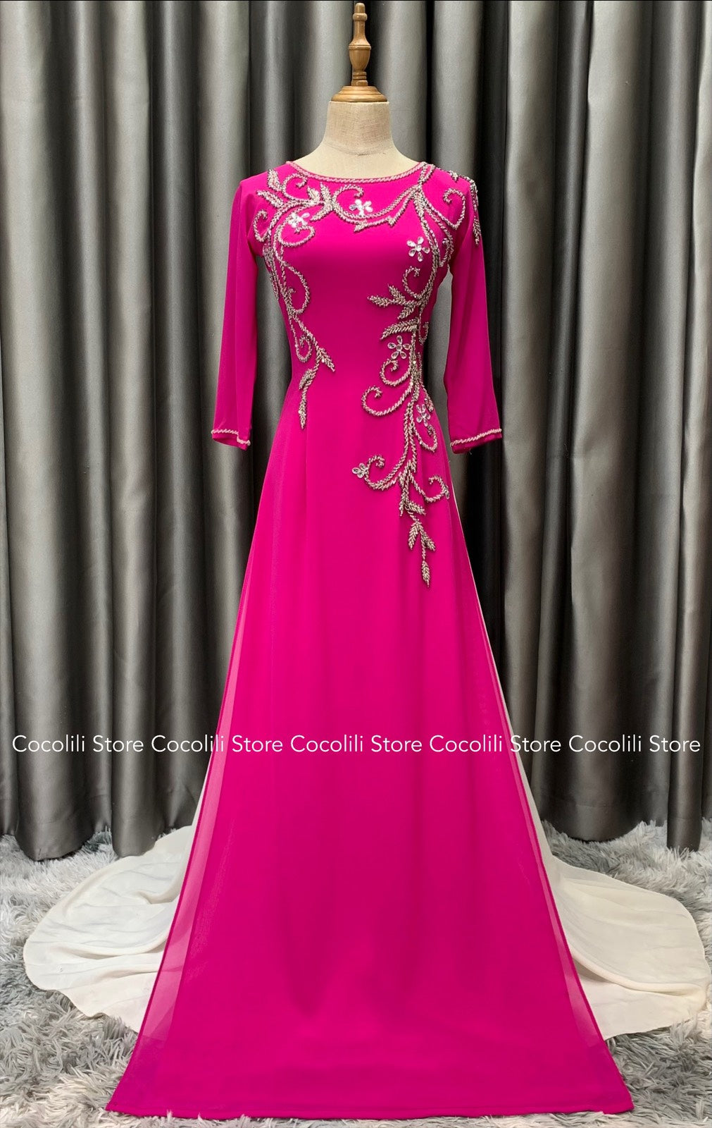 4710 S163 only áo - Áo dài thiết kế chiffon 4 tà màu hồng sen đính kết pha lê