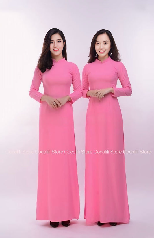 C32 Áo + quần - Áo dài chiffon 4 tà màu hồng dâu
