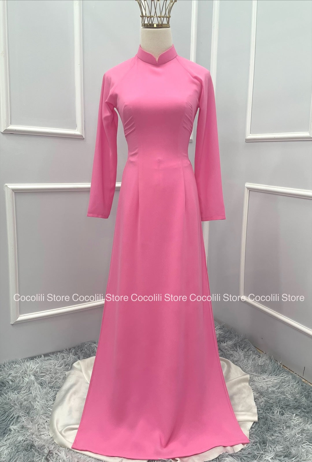 C32 Áo + quần - Áo dài chiffon 4 tà màu hồng dâu