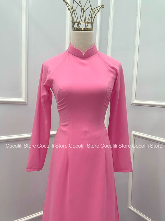 C32 Áo + quần - Áo dài chiffon 4 tà màu hồng dâu