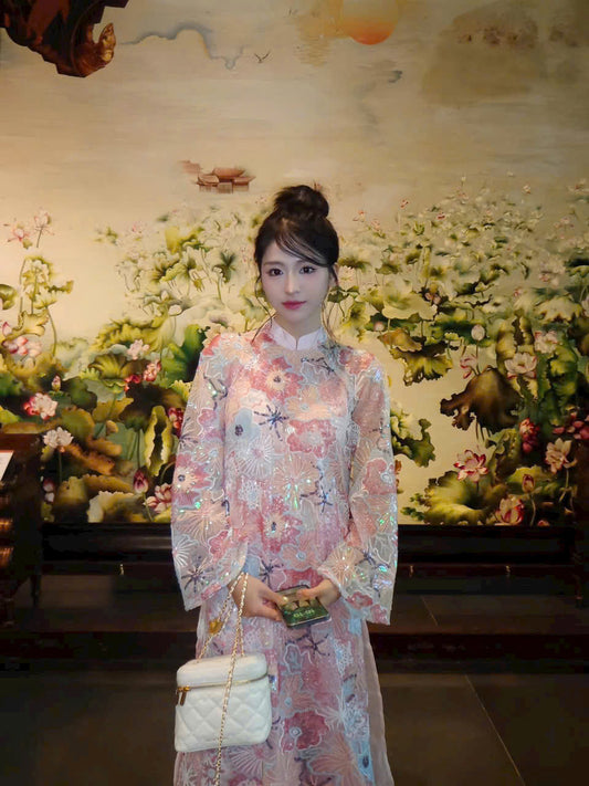 M208 717 Áo only - Áo dài dáng suông thiết kế đính hoa