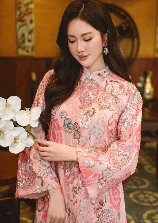 M562 Áo only - Áo dài suông thiết kế đính màu hồng cam