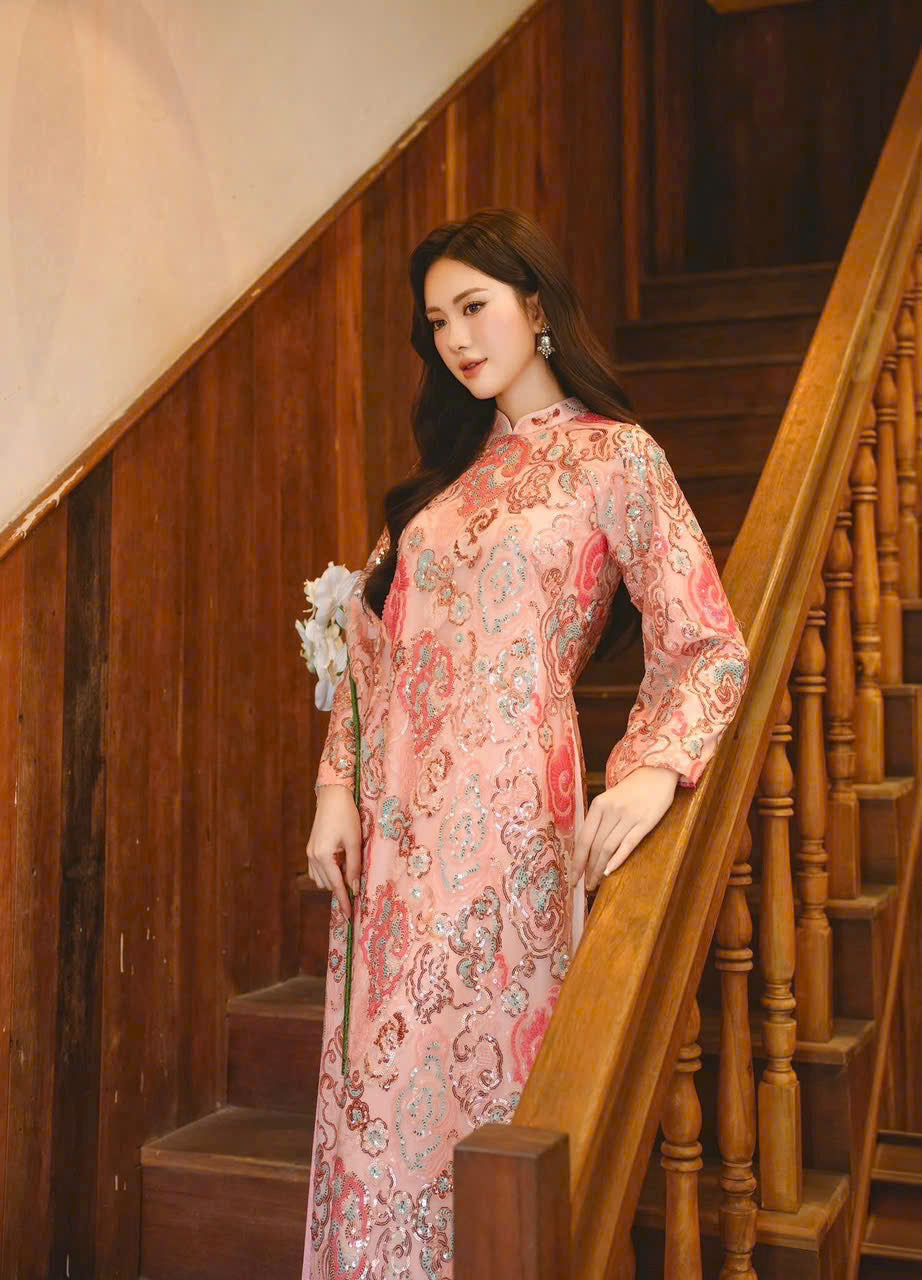 M562 Áo only - Áo dài suông thiết kế đính màu hồng cam