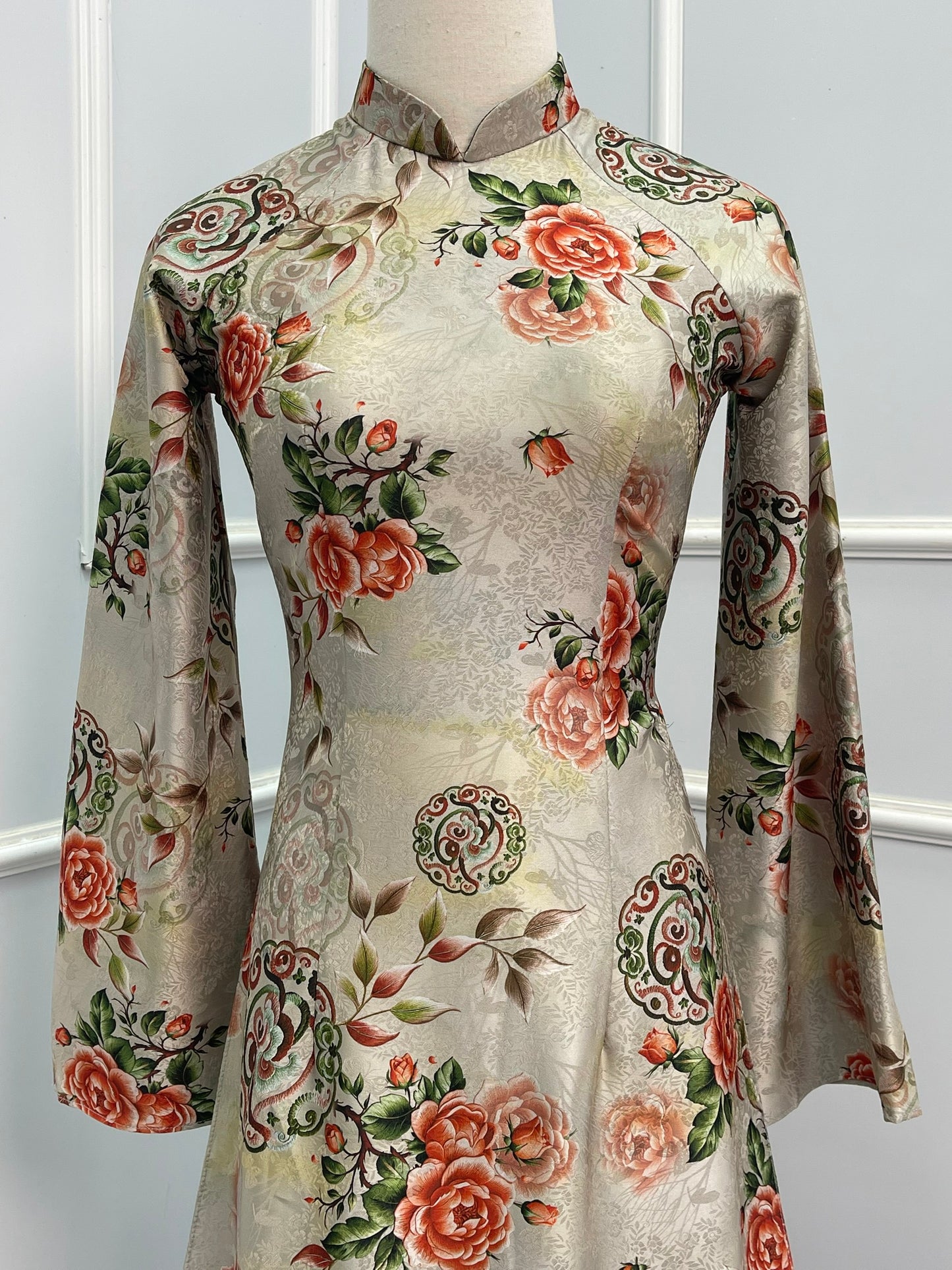 T477 Áo only - Áo dài lụa phượng hoàng in hoạ tiết