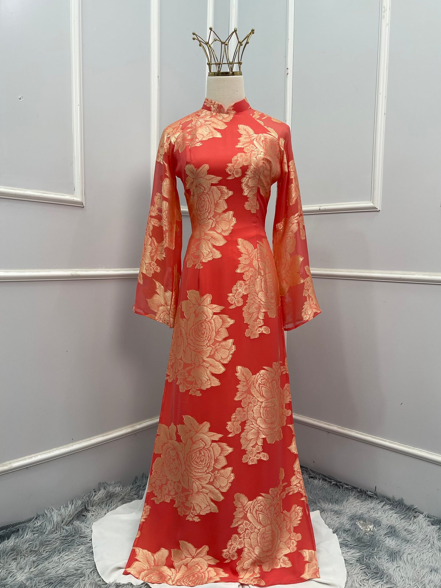 T478 Áo only - Áo dài tơ silk 4 tà hoa cam