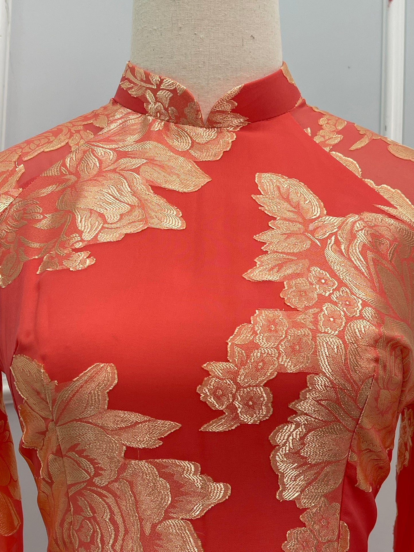 T478 Áo only - Áo dài tơ silk 4 tà hoa cam