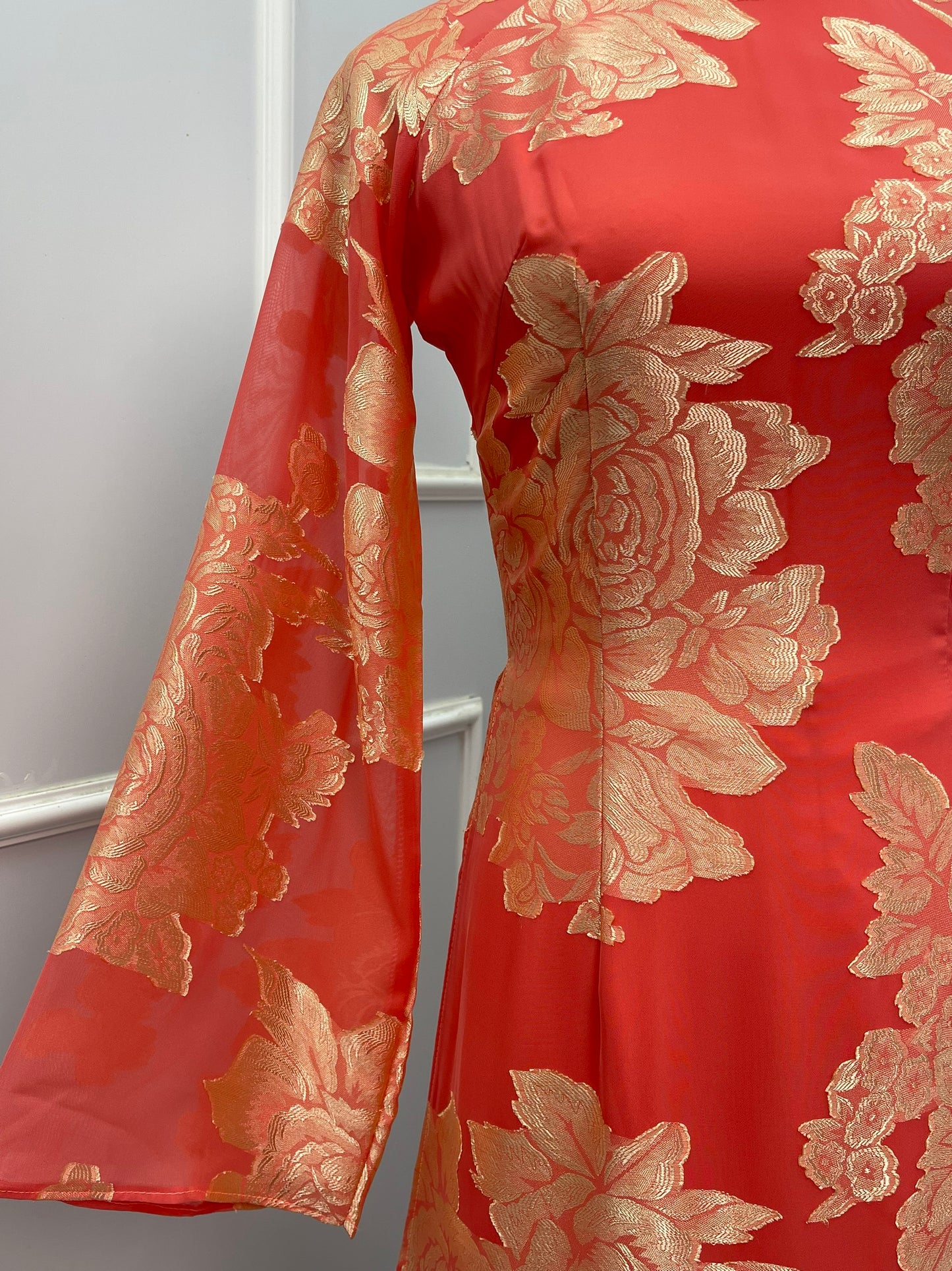 T478 Áo only - Áo dài tơ silk 4 tà hoa cam