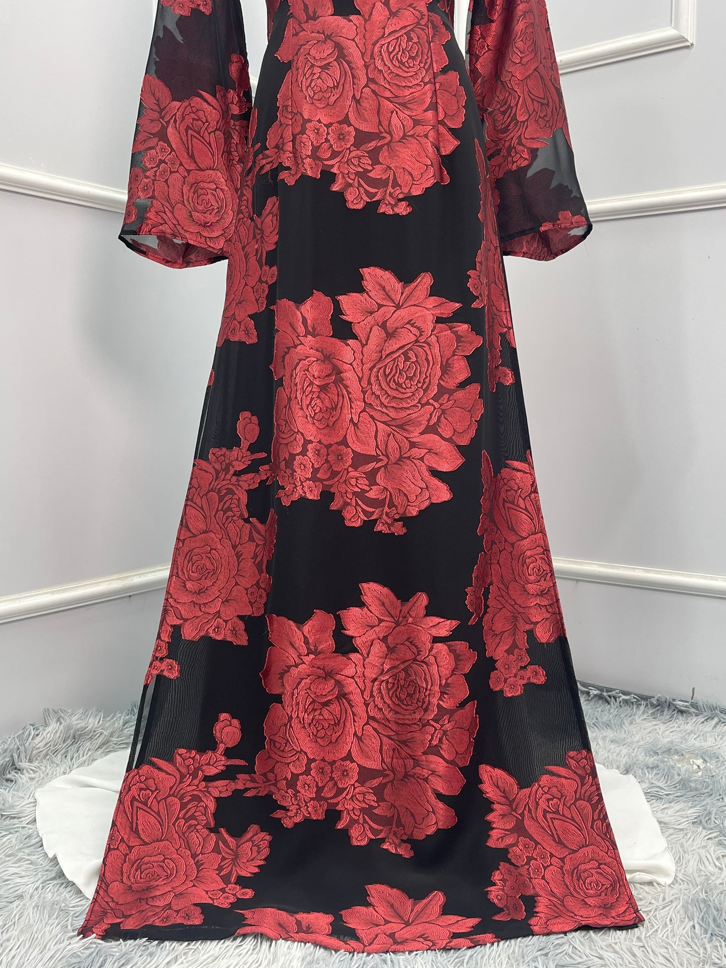T479 Áo only - Áo dài tơ lụa silk màu đen hoa đỏ