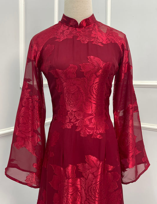 T482 Áo only - Áo dài tơ silk màu đỏ