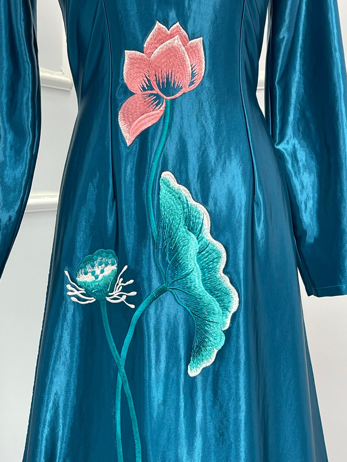 T489 Áo only - Áo dài lụa satin xanh cổ vịt