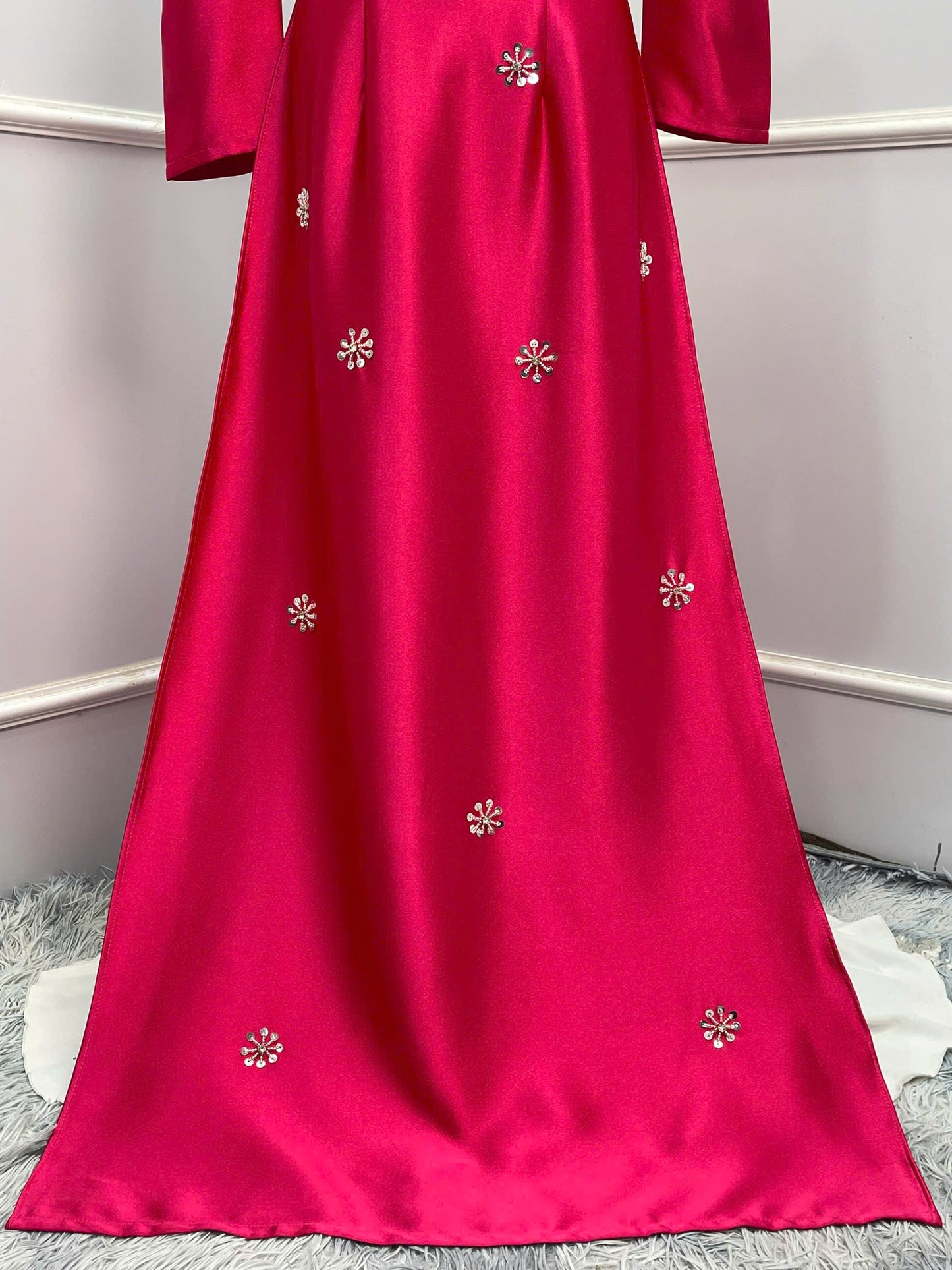 T492 Áo only - Áo dài lụa valentino màu hồng sen đính đá