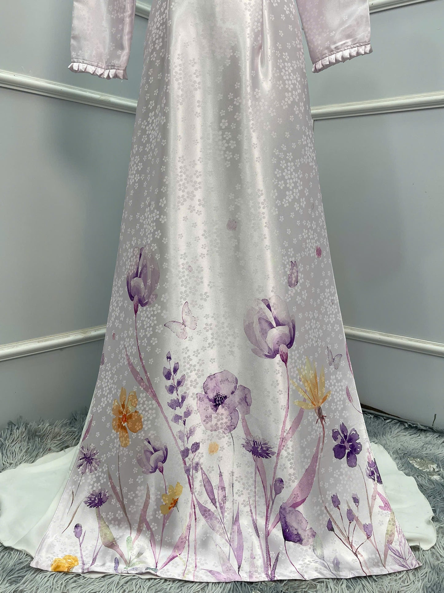 T494 Áo only - Áo dài gấm màu tím cổ xếp
