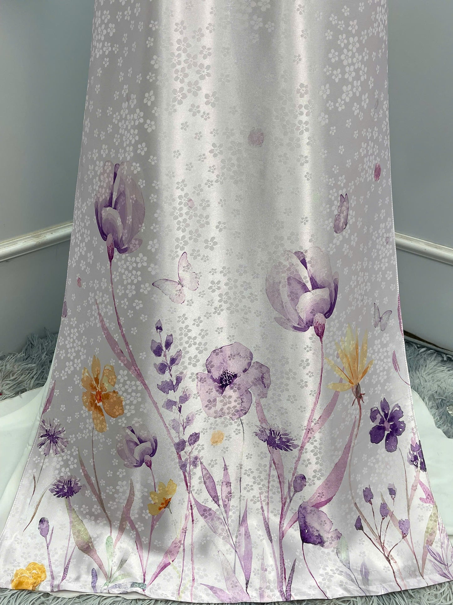 T494 Áo only - Áo dài gấm màu tím cổ xếp