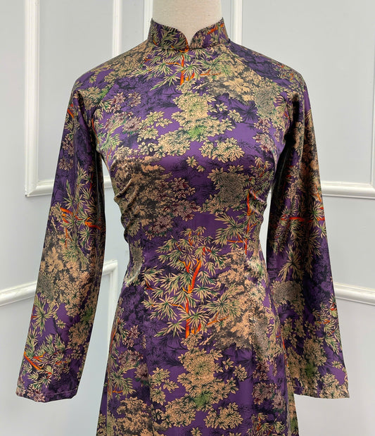 H133 Áo only - Áo dài lụa in hoa lá màu tím than