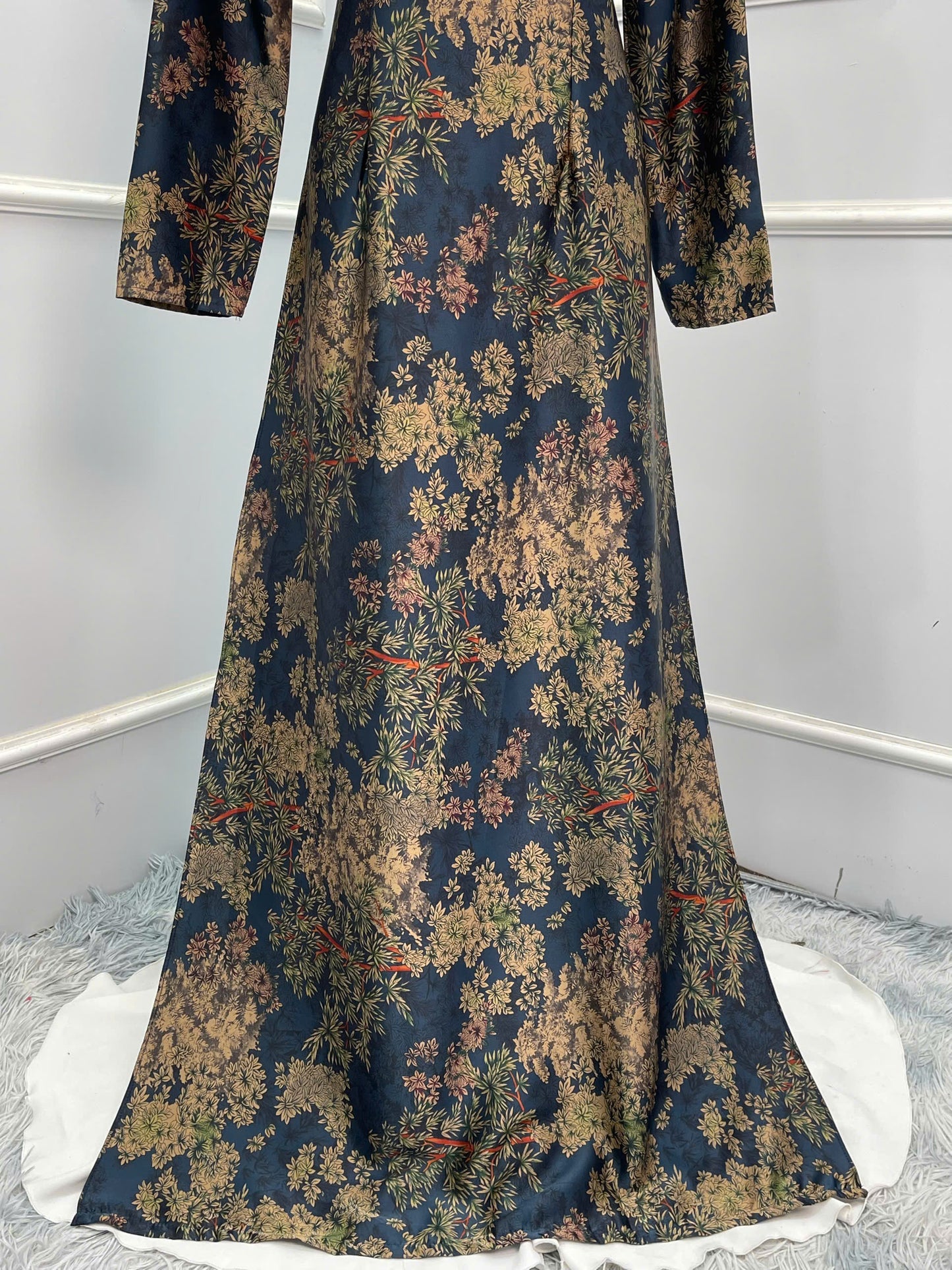 H132 Áo only - Áo dài lụa in hoa lá màu xanh than