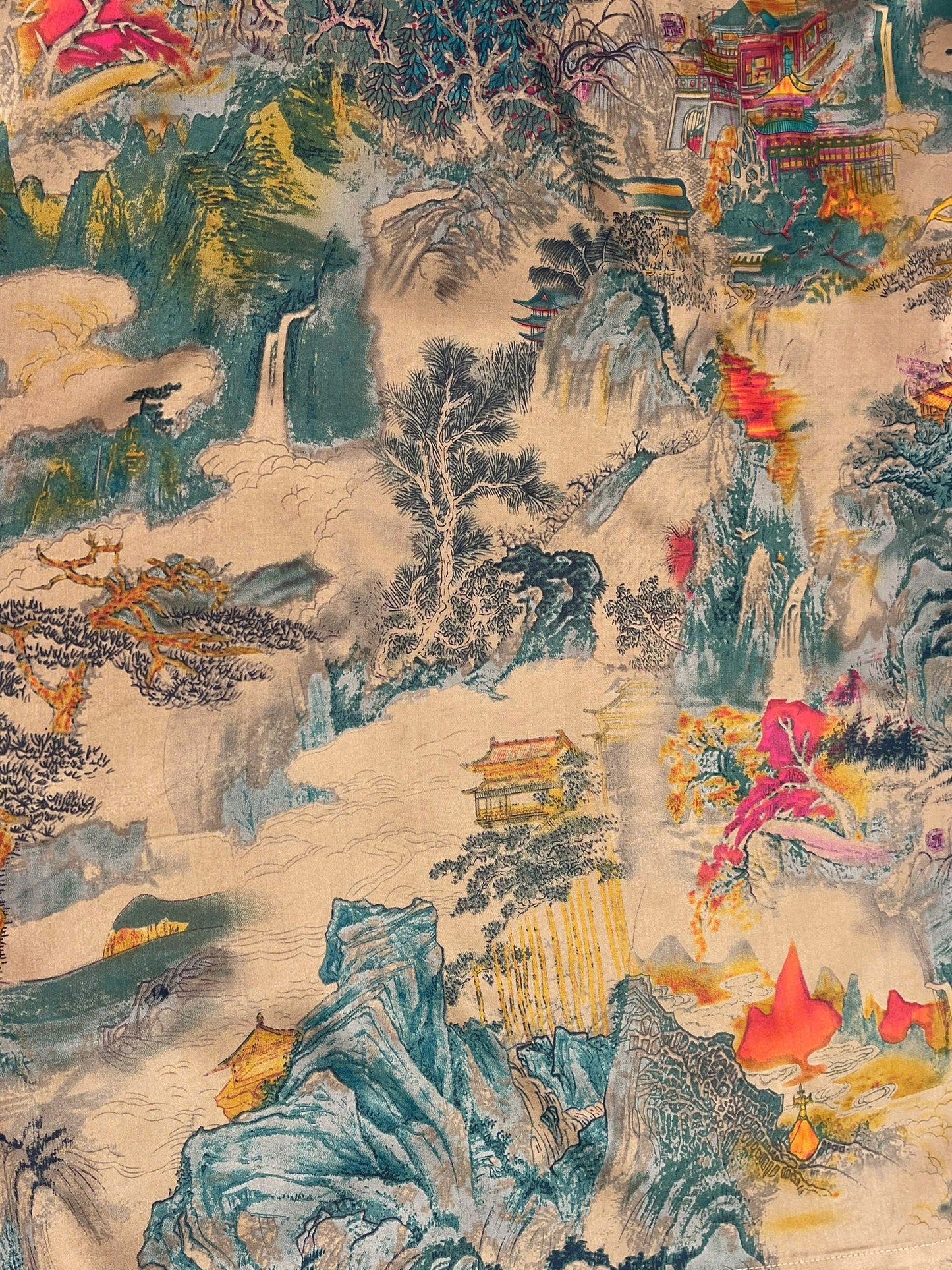 H147 Áo only - Áo dài lụa nâu họa tiết sơn thủy