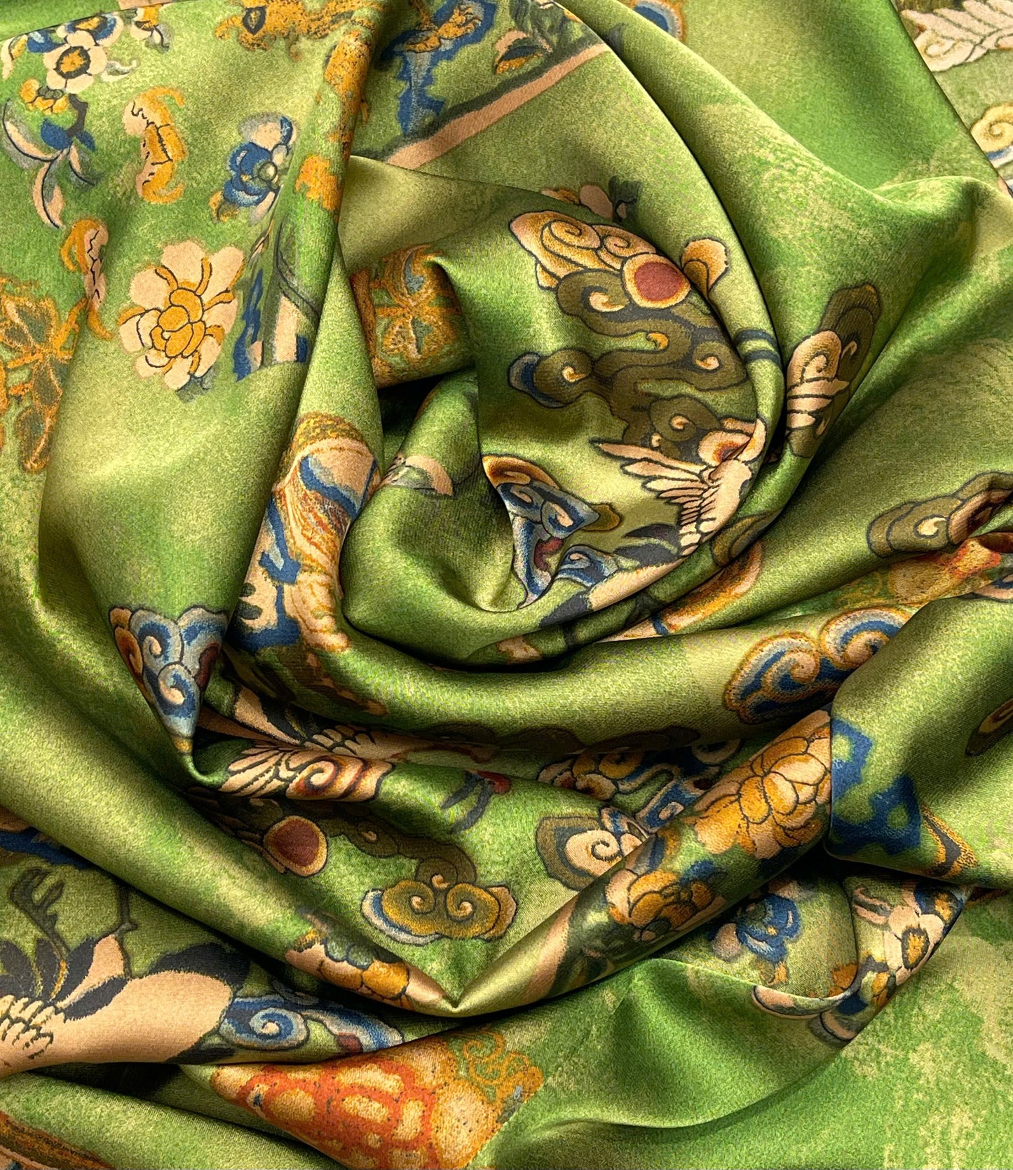 H144 Áo only - Áo dài lụa xanh họa tiết chim hạc