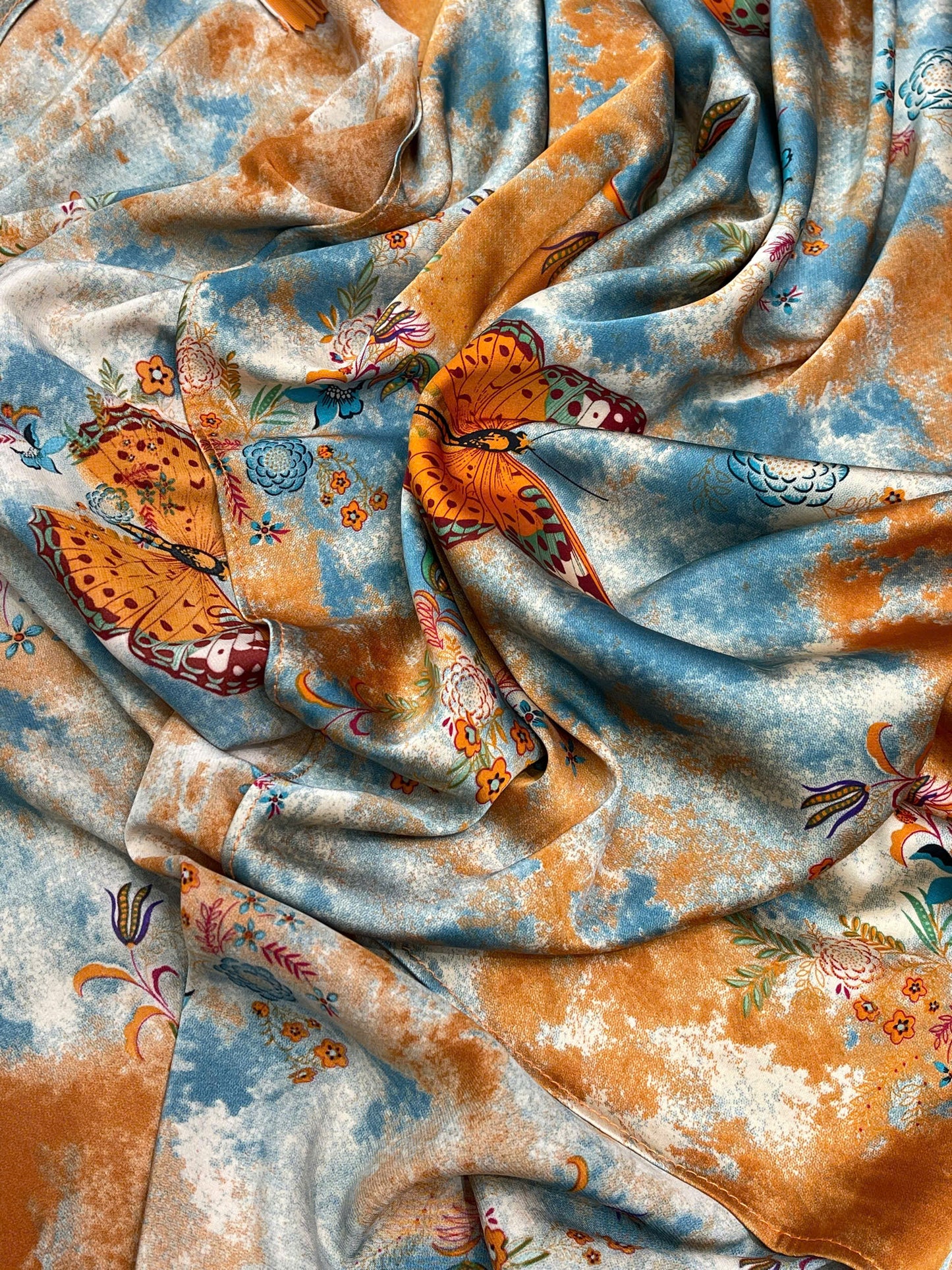 H154 Áo only - Áo dài màu cam xanh họa tiết bướm