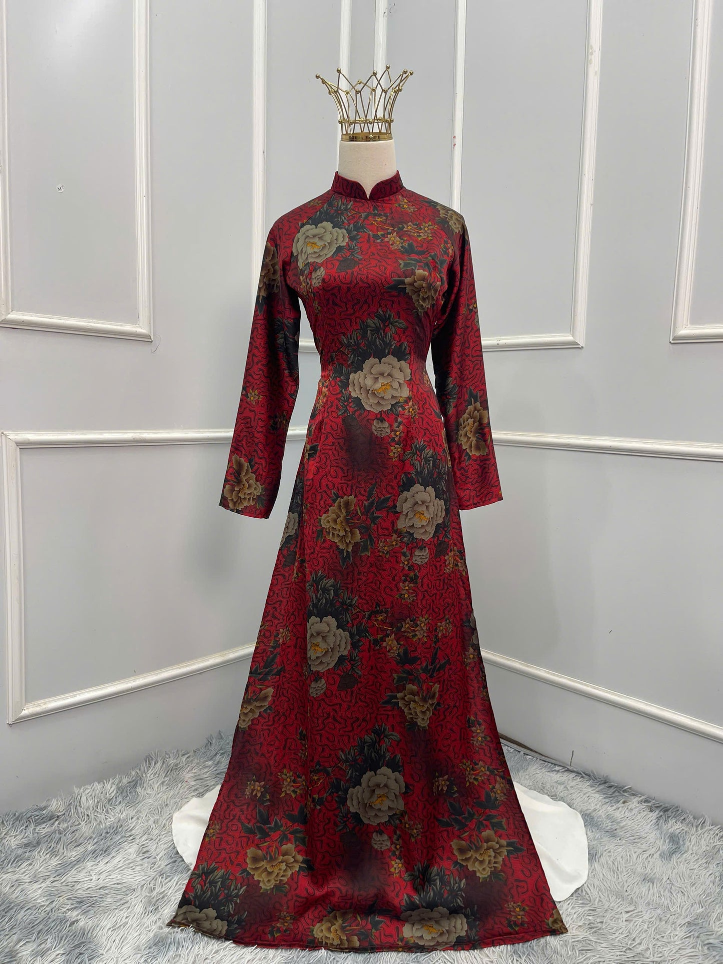 H169 Áo only - Áo dài in hoa nền đỏ