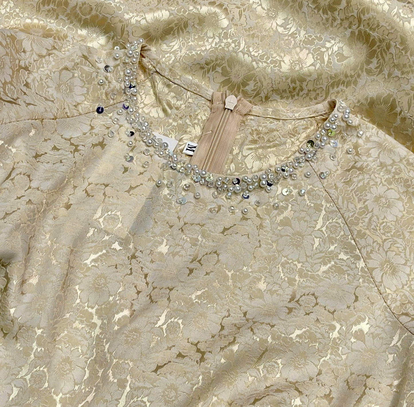 H161 Áo only - Áo dài lụa hoa trà màu be cổ đính