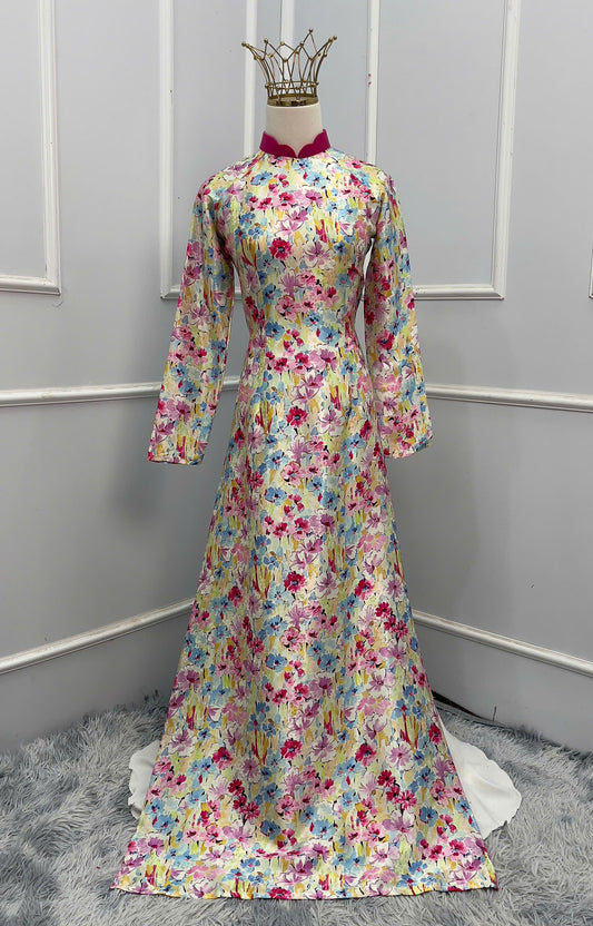 H186 Áo only - Áo dài lụa hoa mai in 3D hoa hồng sen