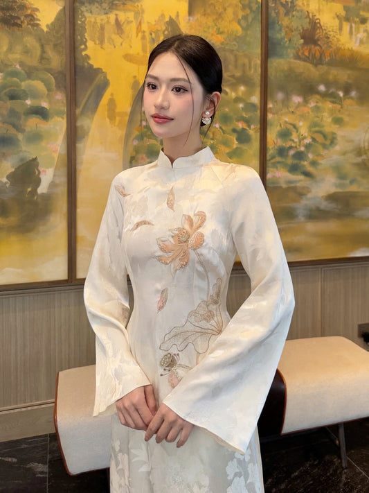 H191 Áo only - Áo dài trắng thêu hoa sen