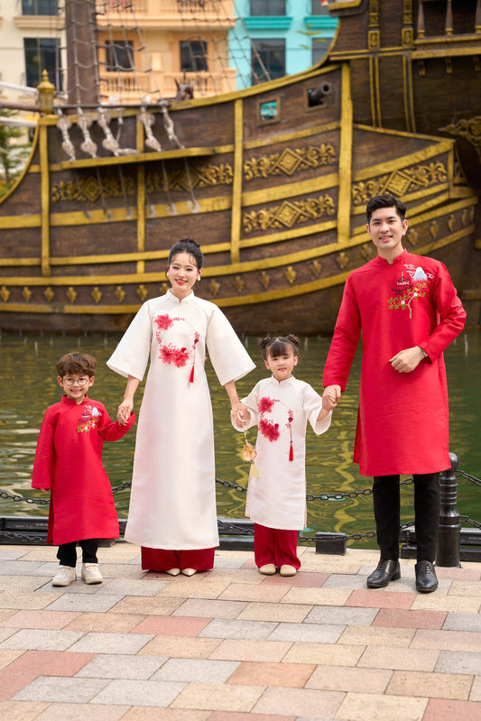 BG61 Áo + quần - Áo dài gia đình bé gái màu kem