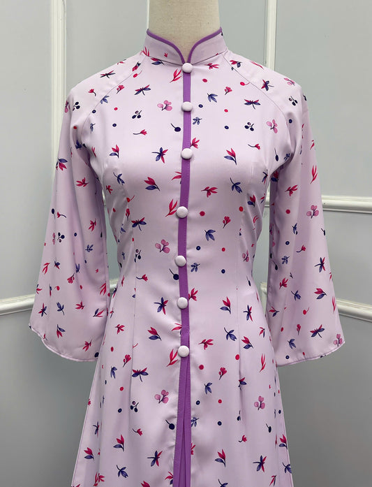 H213 1350 Áo + quần - Áo dài lụa 4 tà đính cúc bọc + quần tím cà