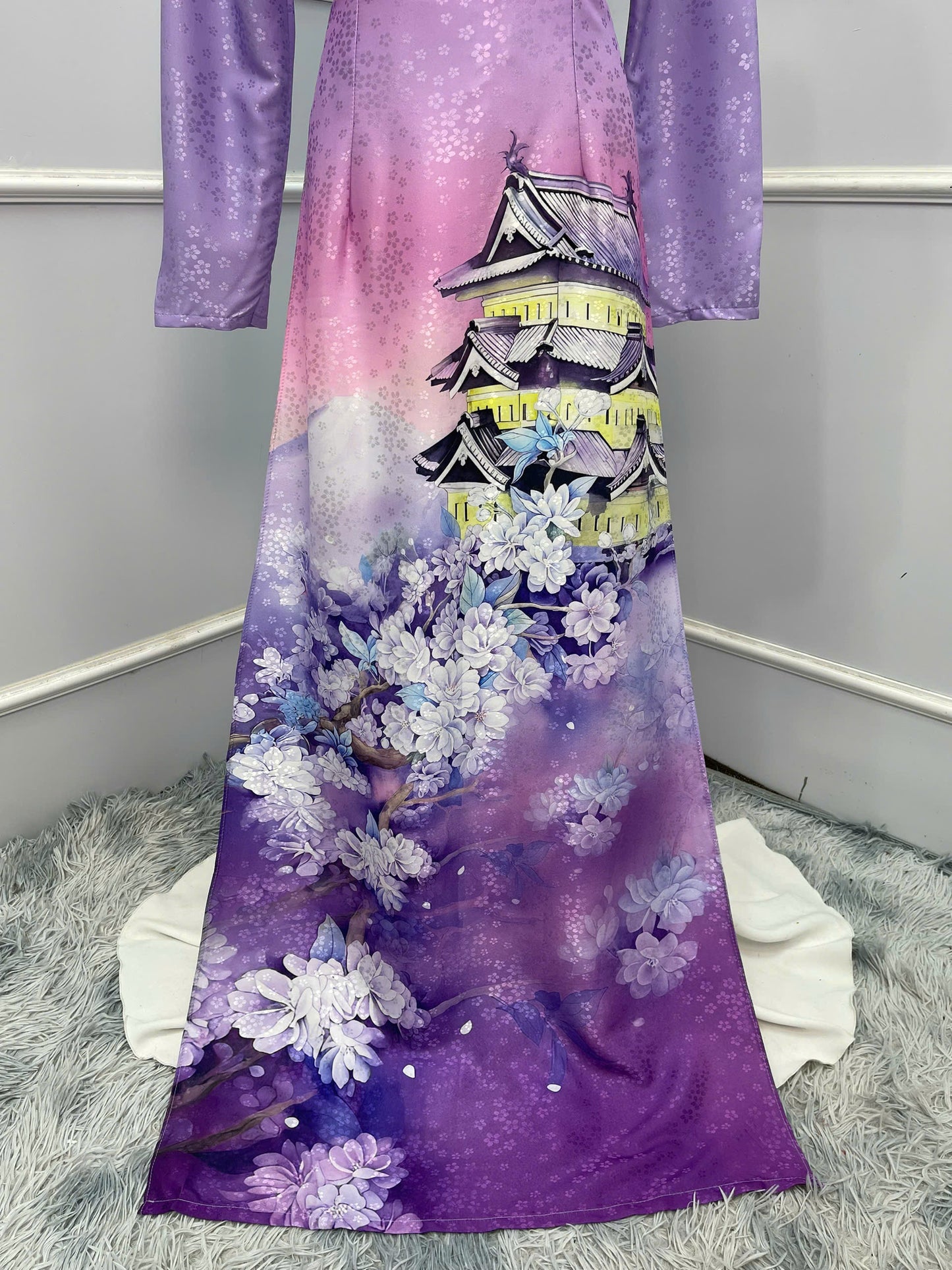 H244 1391 Áo only - Áo dài lụa hoa mai in cúc đại đoá