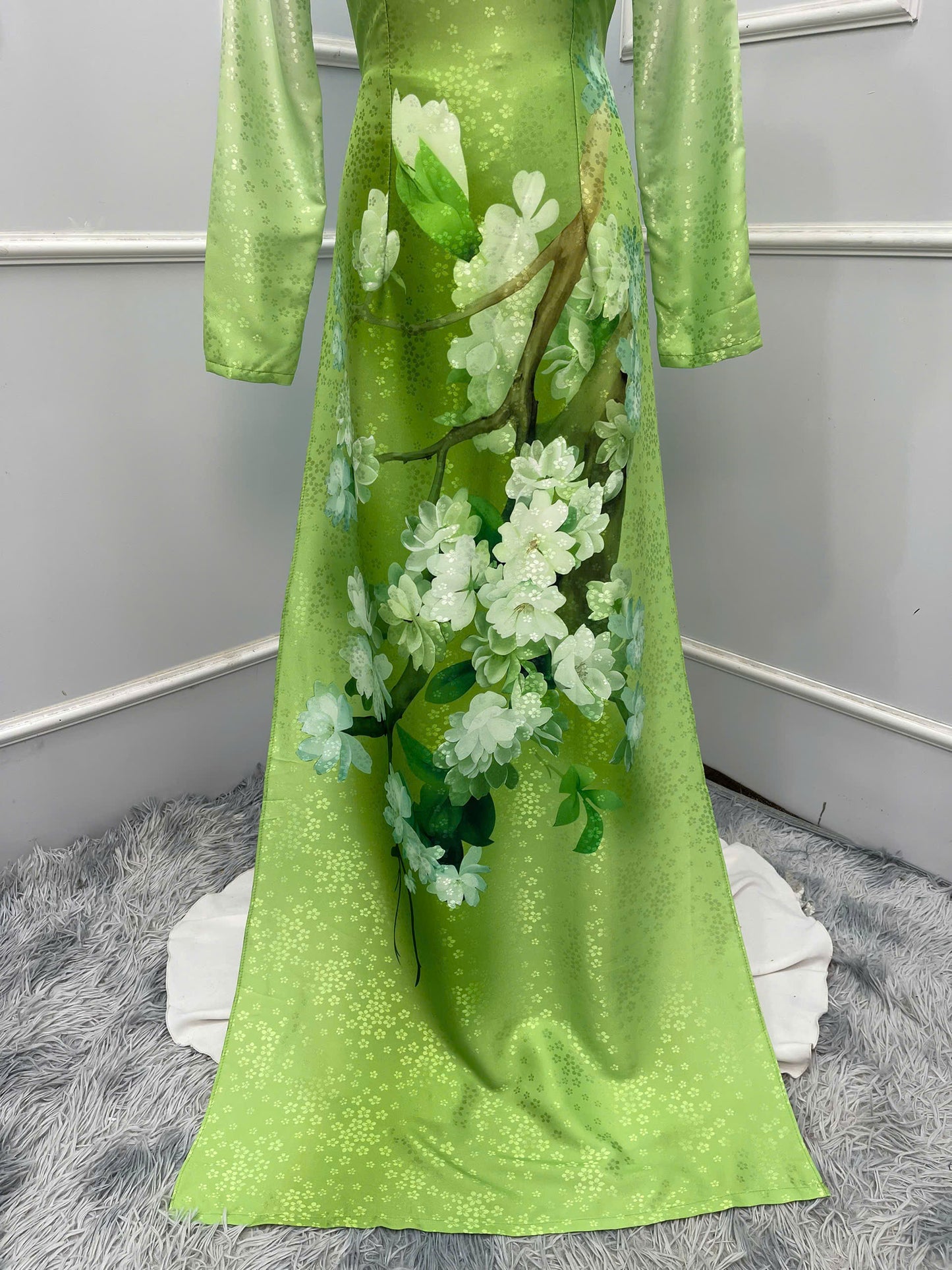 H247 1394 Áo only - Áo dài lụa hoa mai màu xanh lá