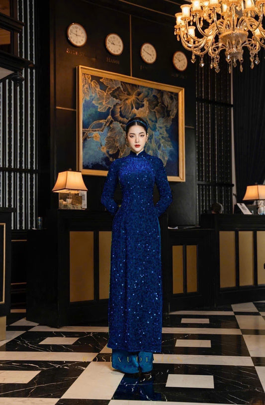 T615 Áo only - Áo dài kim sa màu coban