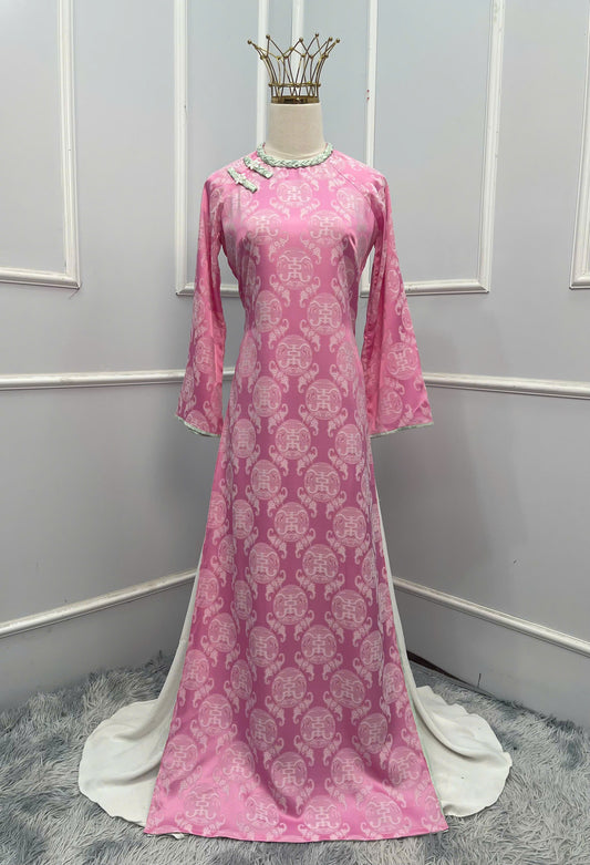 H236 1383 Áo + quần - Áo dài dáng suông lụa thọ dơi 4 tà cổ tết sam + quần cùng chất