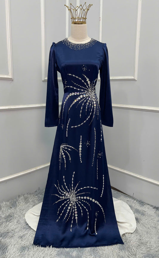 H195 Áo only - Áo dài lụa valentino xanh than đính kết