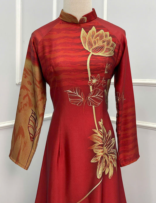 H312 1502 Áo only - Áo dài lụa ánh sao thiết kế 2 da màu đỏ đậm in sen