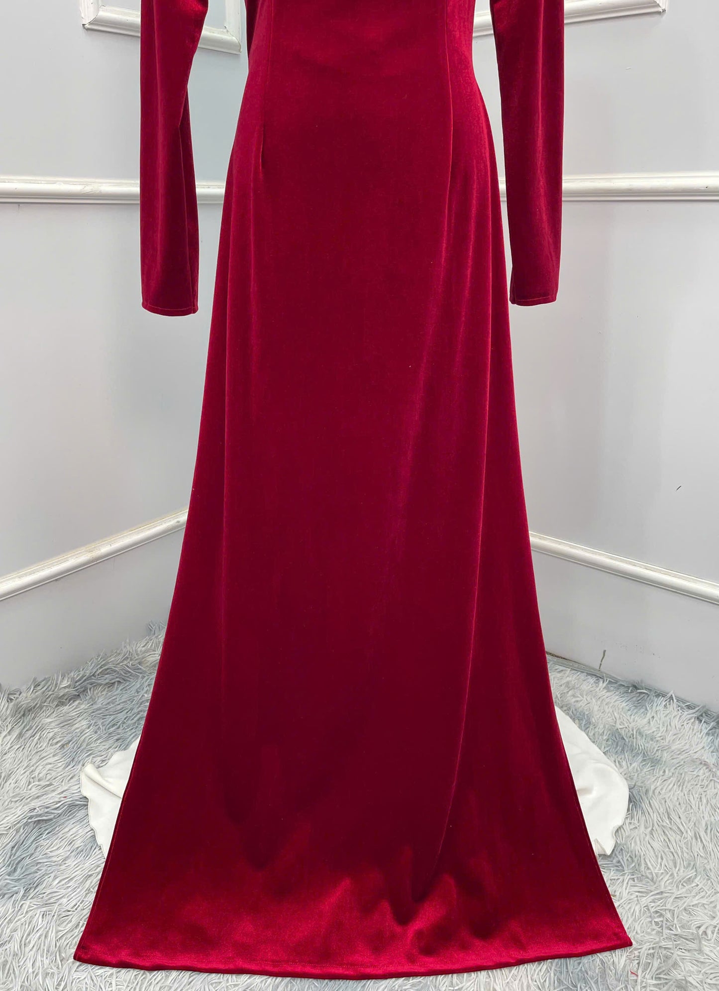 H327 Áo only - Áo dài nhung đính kết cổ màu đỏ đô